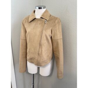 Halston Moto Jacket Faux Suede‎ Tan Zip Up Biker Coat Size 4